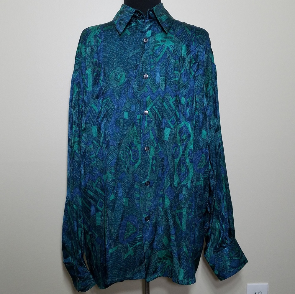 Coogi Silk Long Sleeve Button Shirt XL Blue Green